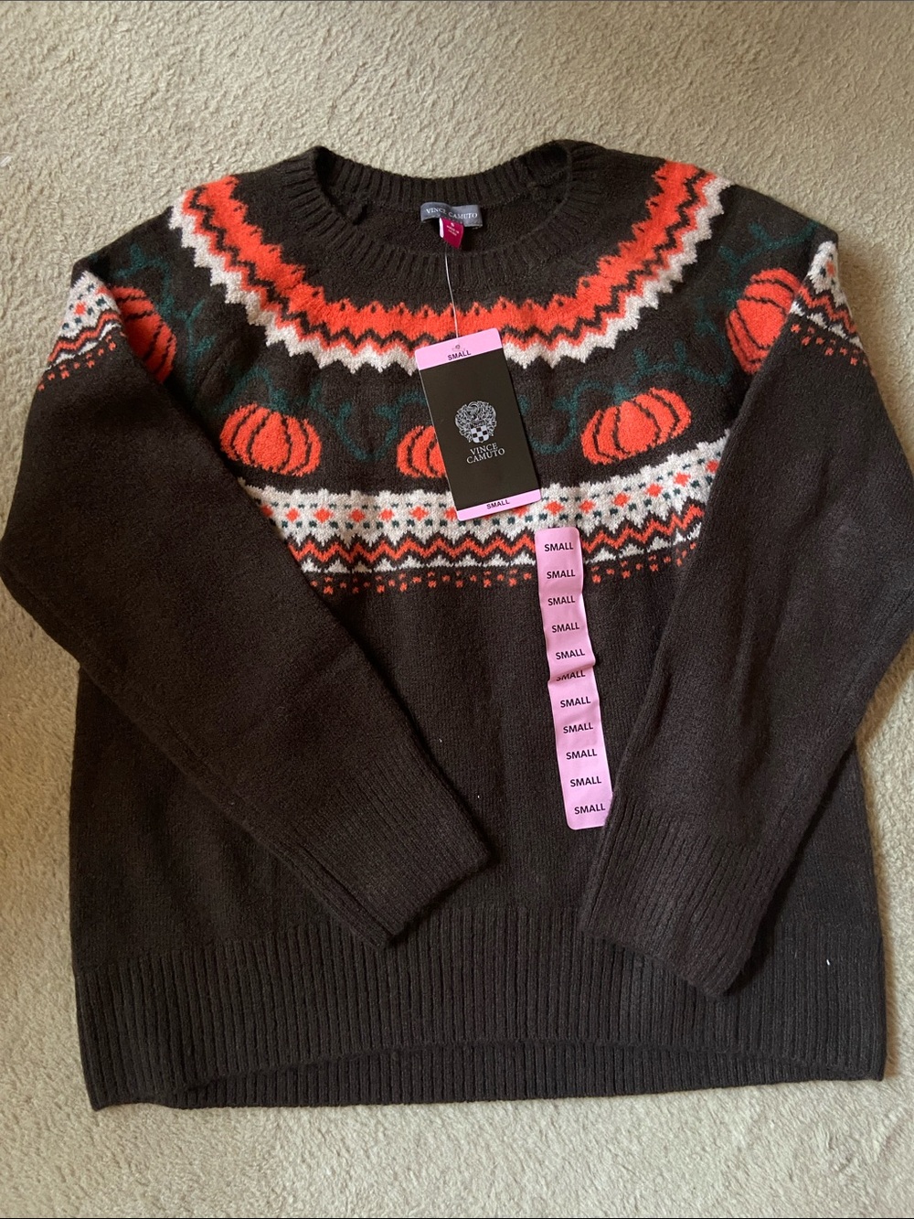 Vince Camuto Brown Crewneck Sweater with Orange Pumpkin Fair Isle